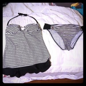 Cute Girls Black/White Stripes Tankini Swim Suit